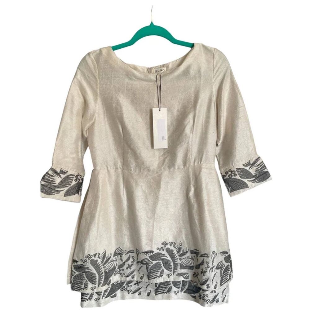 NWT SUNO Womens Floral Embroidered 3/4 Sleeve Panel Overlay Silk Dress Size S